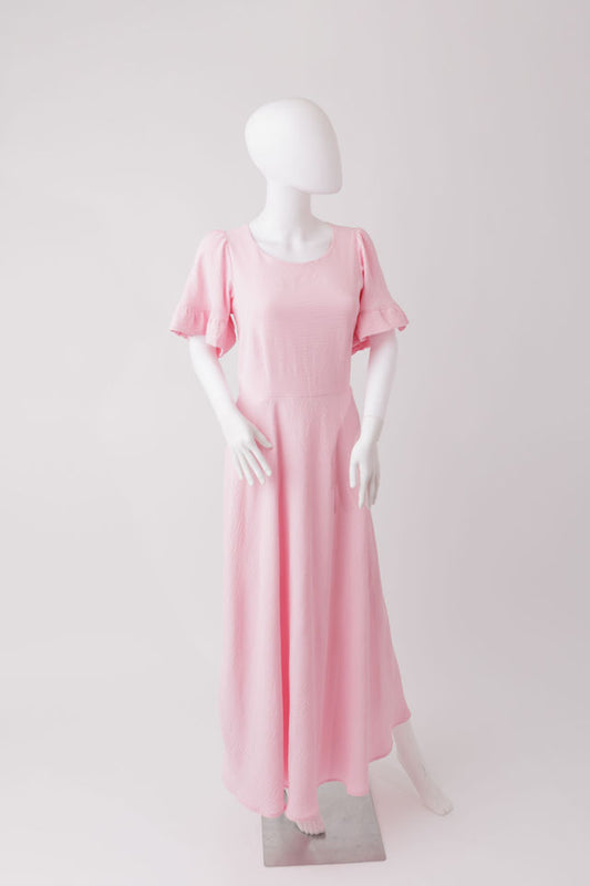 fitted bodice dress, short ruffled sleeves .