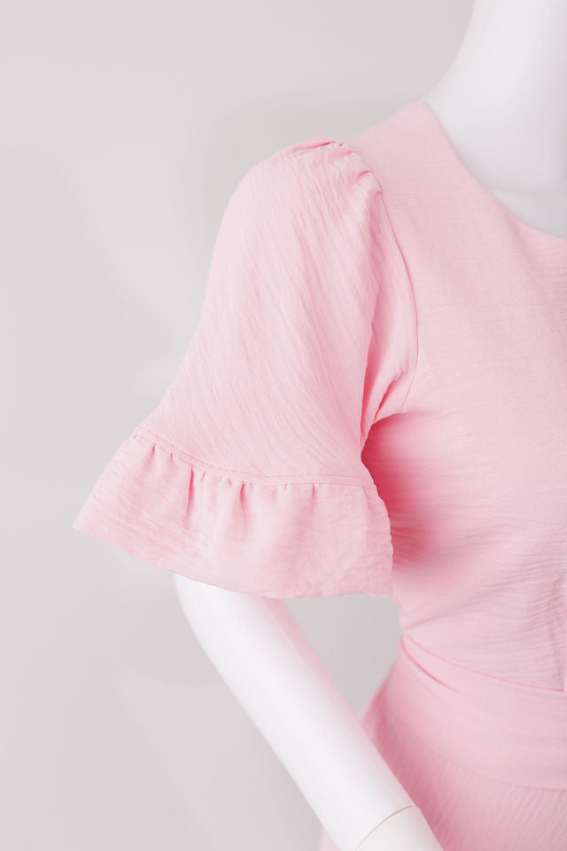 fitted bodice dress, short ruffled sleeves .