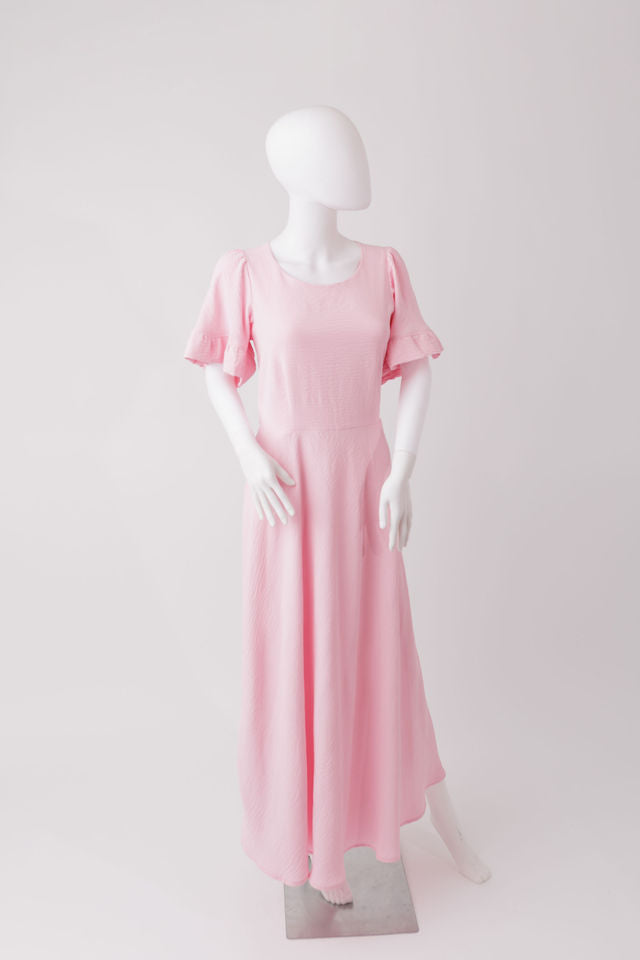 fitted bodice dress, short ruffled sleeves .