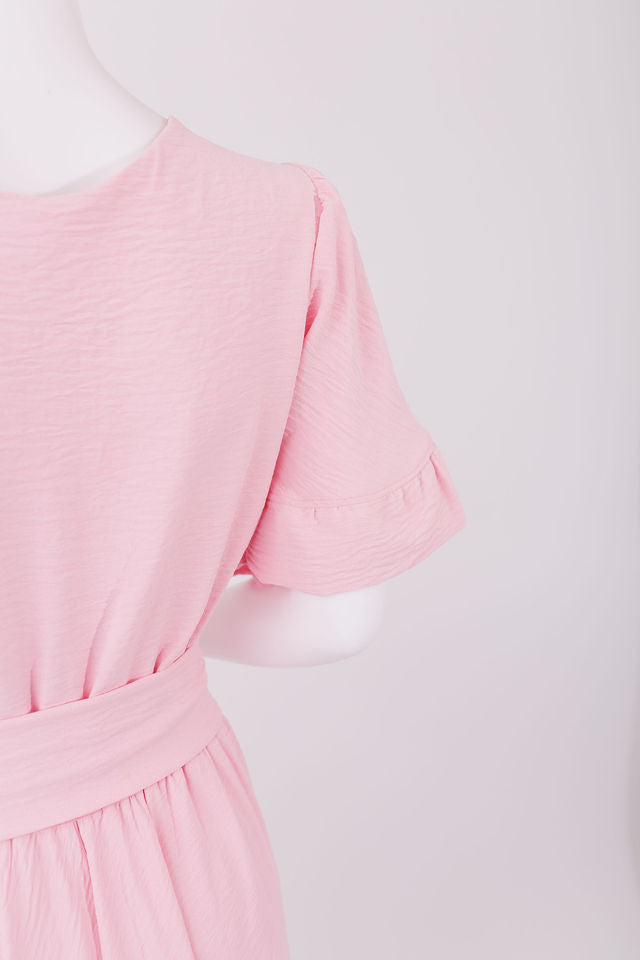 fitted bodice dress, short ruffled sleeves .