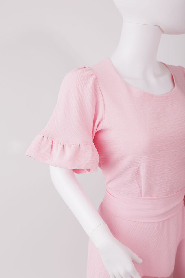 fitted bodice dress, short ruffled sleeves .
