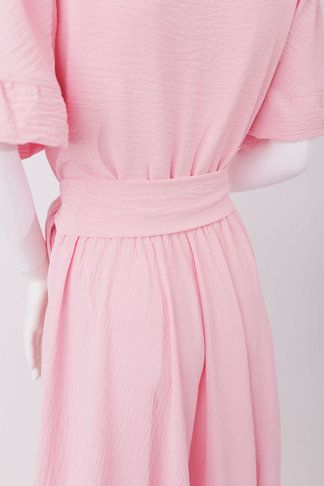 fitted bodice dress, short ruffled sleeves .