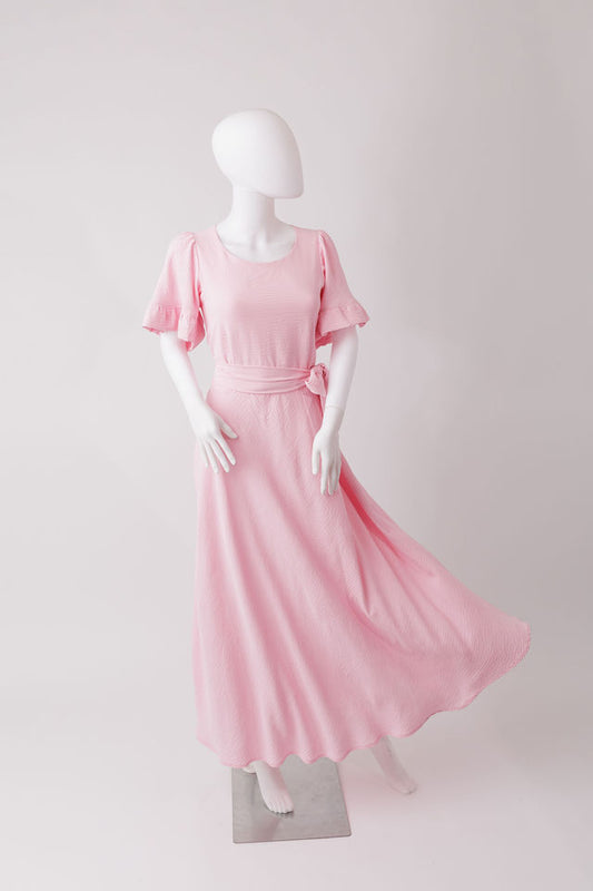 fitted bodice dress, short ruffled sleeves .